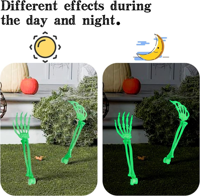 AOFOX Halloween Realistic Skeleton Stakes Zombie Ghost Arm Stake Severed Plastic Glow in Dark Skeleton Hands Yard Signs for Halloween Props Decorations (2 Pcs Green) - Image 3